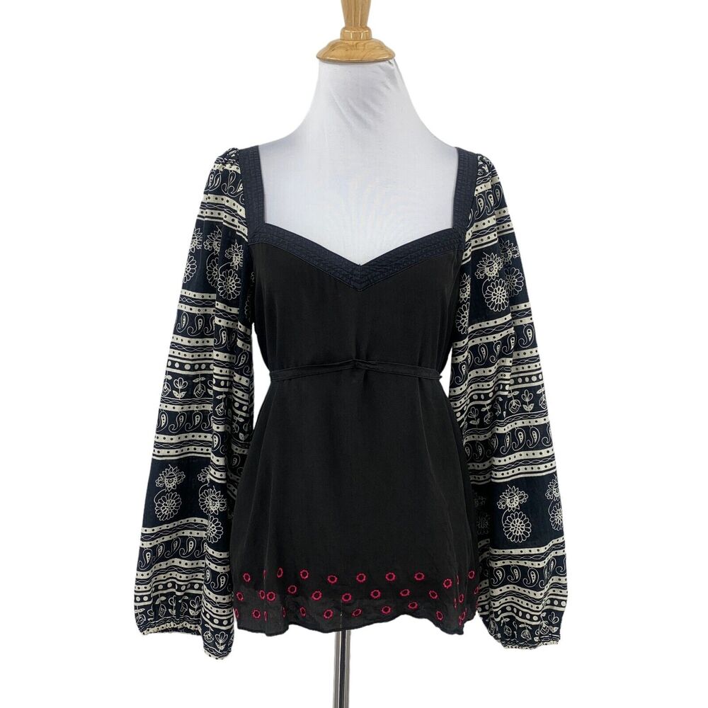 Fei Blouse Womens 10 Black Navy Silk Embroidered Sweetheart Lined Anthropologie